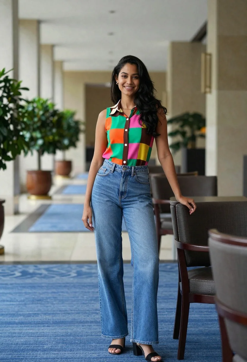 Young woman posing in modern hallway with colorful patchwork top