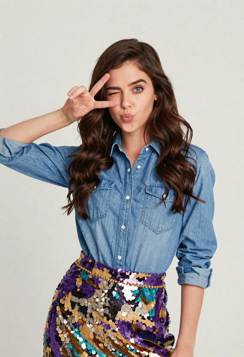 Young woman in denim shirt and sequin skirt posing playfully in studio - AI generated image prompt sample