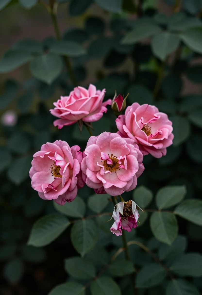 Close up of pink roses in various stages against dark green foliage - AI generated image prompt sample