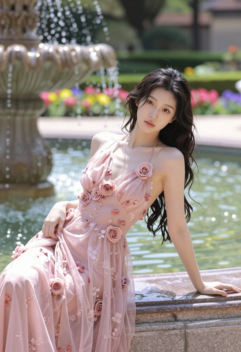 Fair young woman in sheer pink gown leaning on stone fountain in - AI generated image prompt sample