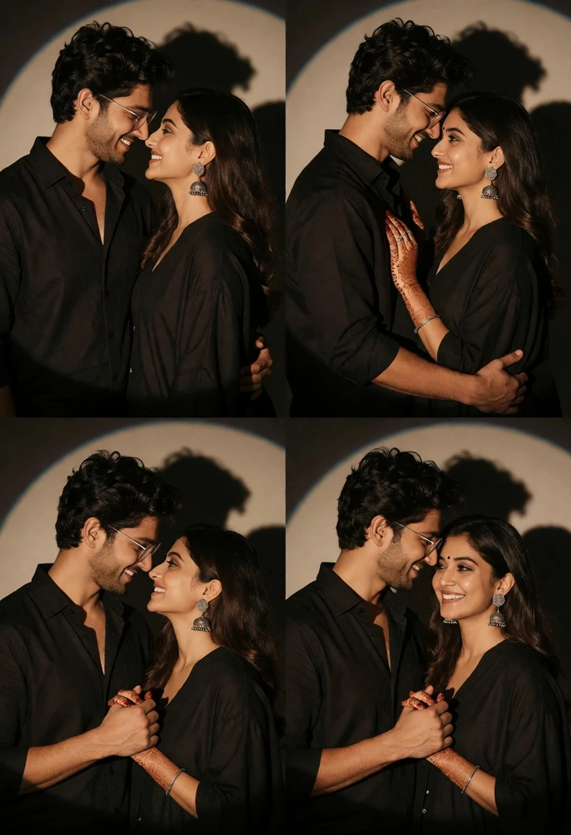 Romantic studio portrait of couple in black attire against circular light - AI generated image prompt sample