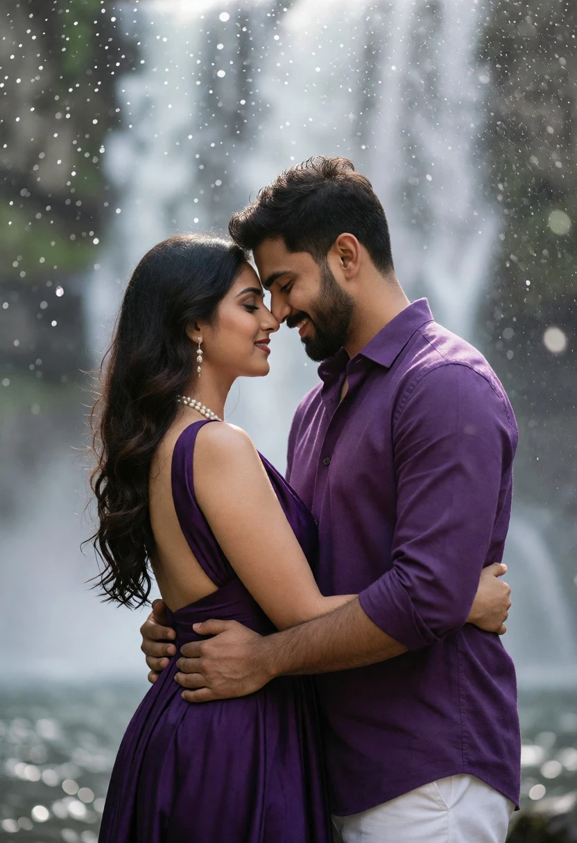Romantic couple embracing near misty waterfall with purple attire - AI generated image prompt sample