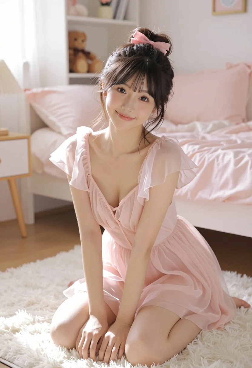 Young east asian woman kneeling on white rug in bright cozy bedroom - AI generated image prompt sample