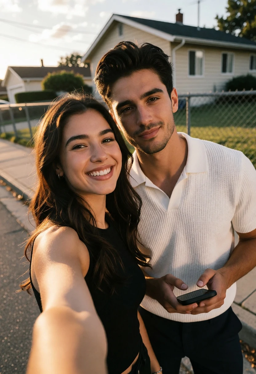 Young couple taking a selfie on a suburban street at golden hour - AI generated image prompt sample