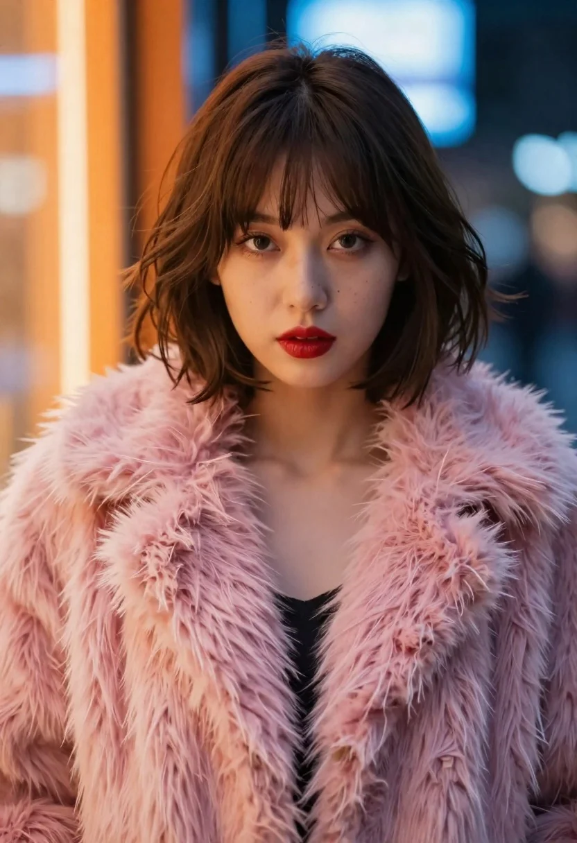 Young woman with brown hair in pink fur coat - AI generated image prompt sample