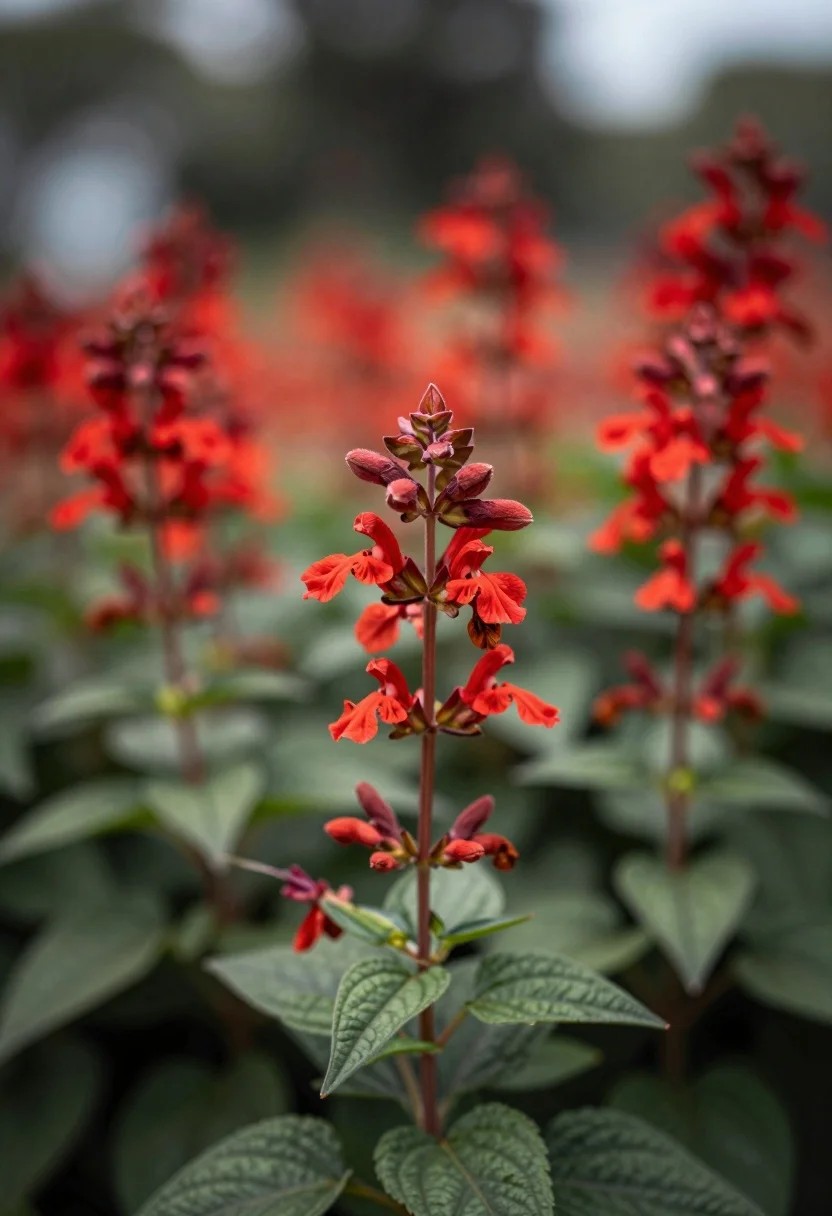 Close up photograph of vibrant red salvia flowers with lush green foliage - AI generated image prompt sample