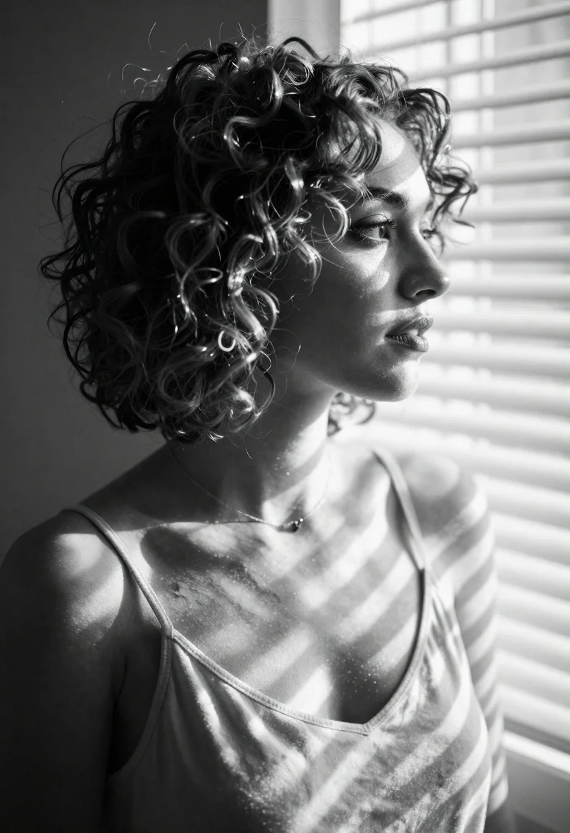 Black and white portrait of woman with curly hair - AI generated image prompt sample