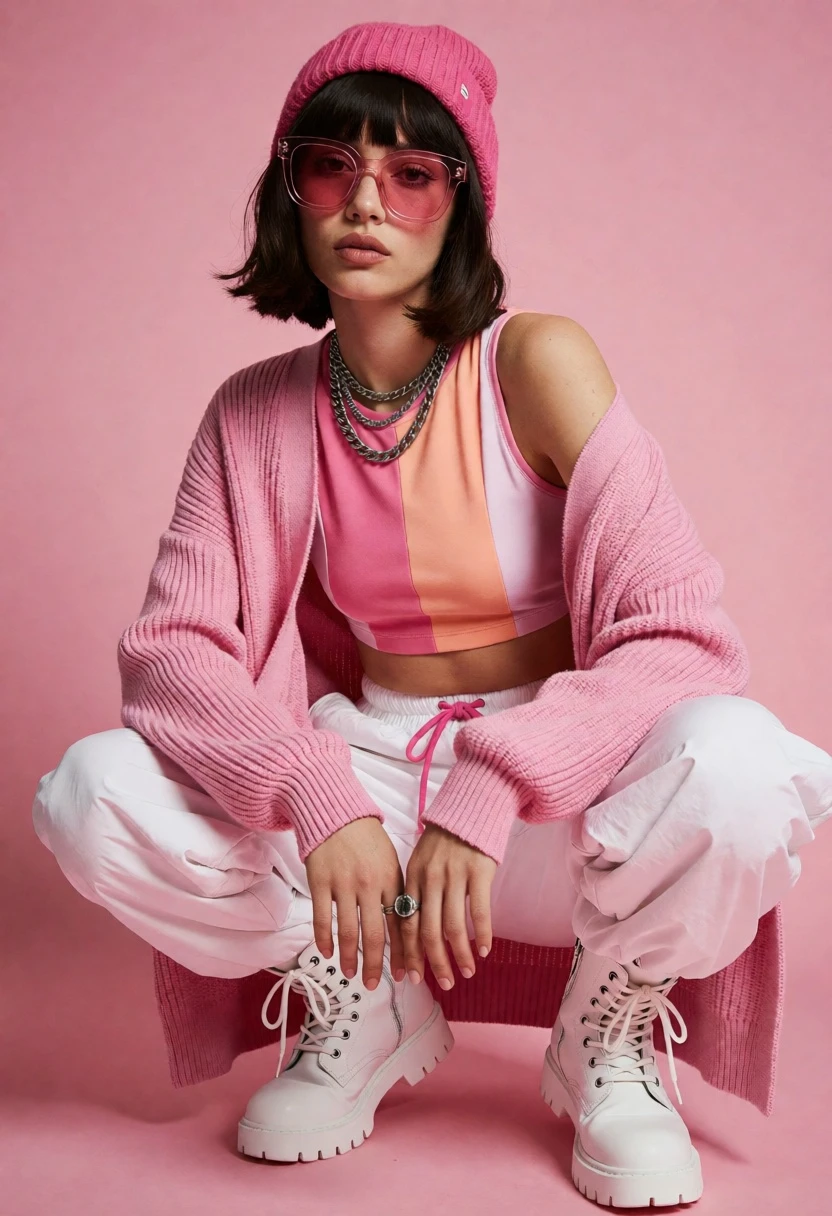 Young woman in pink outfit crouching against solid pink studio backdrop - AI generated image prompt sample