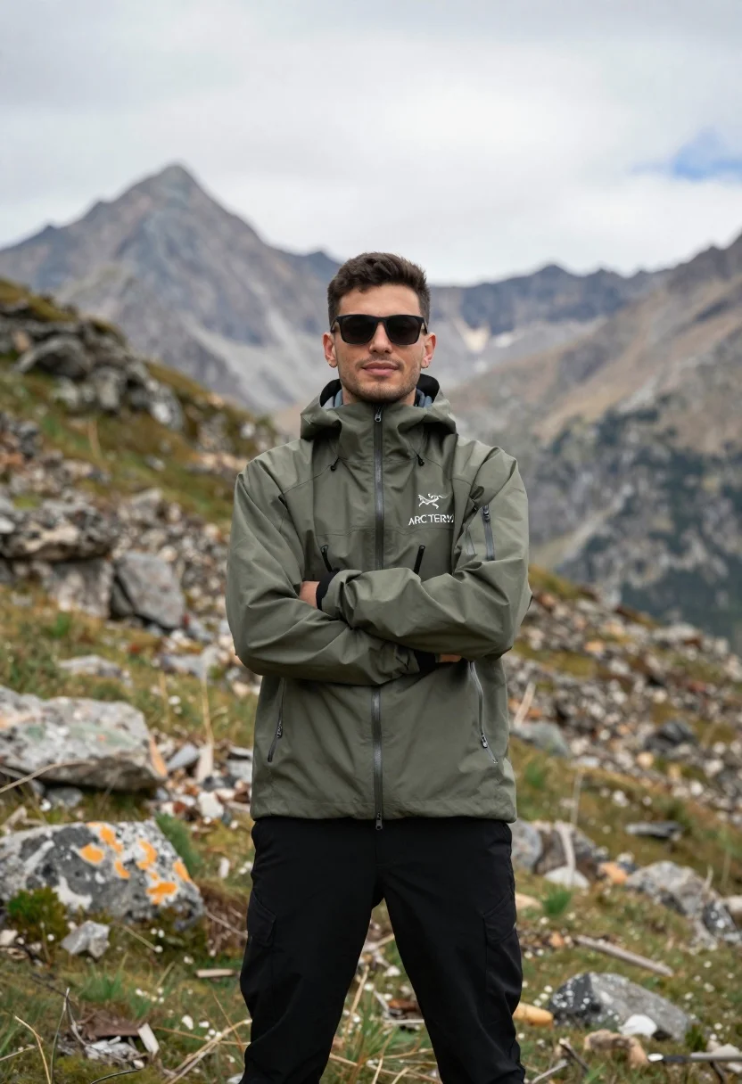 Young man in olive green jacket standing in rugged mountain landscape - AI generated image prompt sample