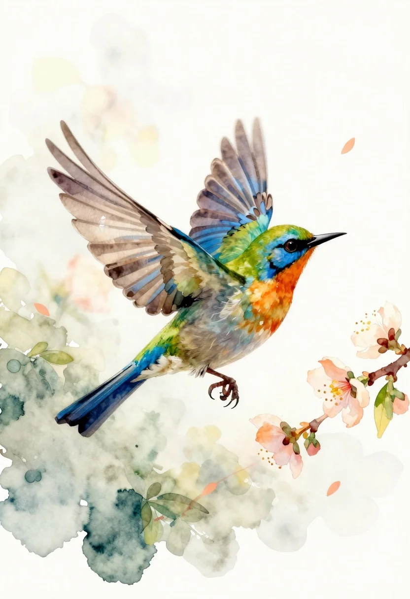 Watercolor bird flying near peach blossoms