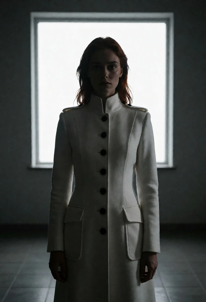Woman in structured white coat silhouetted against bright rectangular window - AI generated image prompt sample