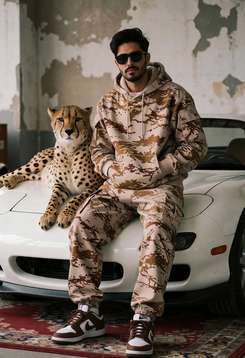 Man in camouflage hoodie with cheetah on white sports car indoors - AI generated image prompt sample