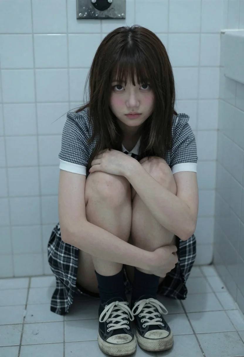 Young woman crouching against a tiled bathroom wall