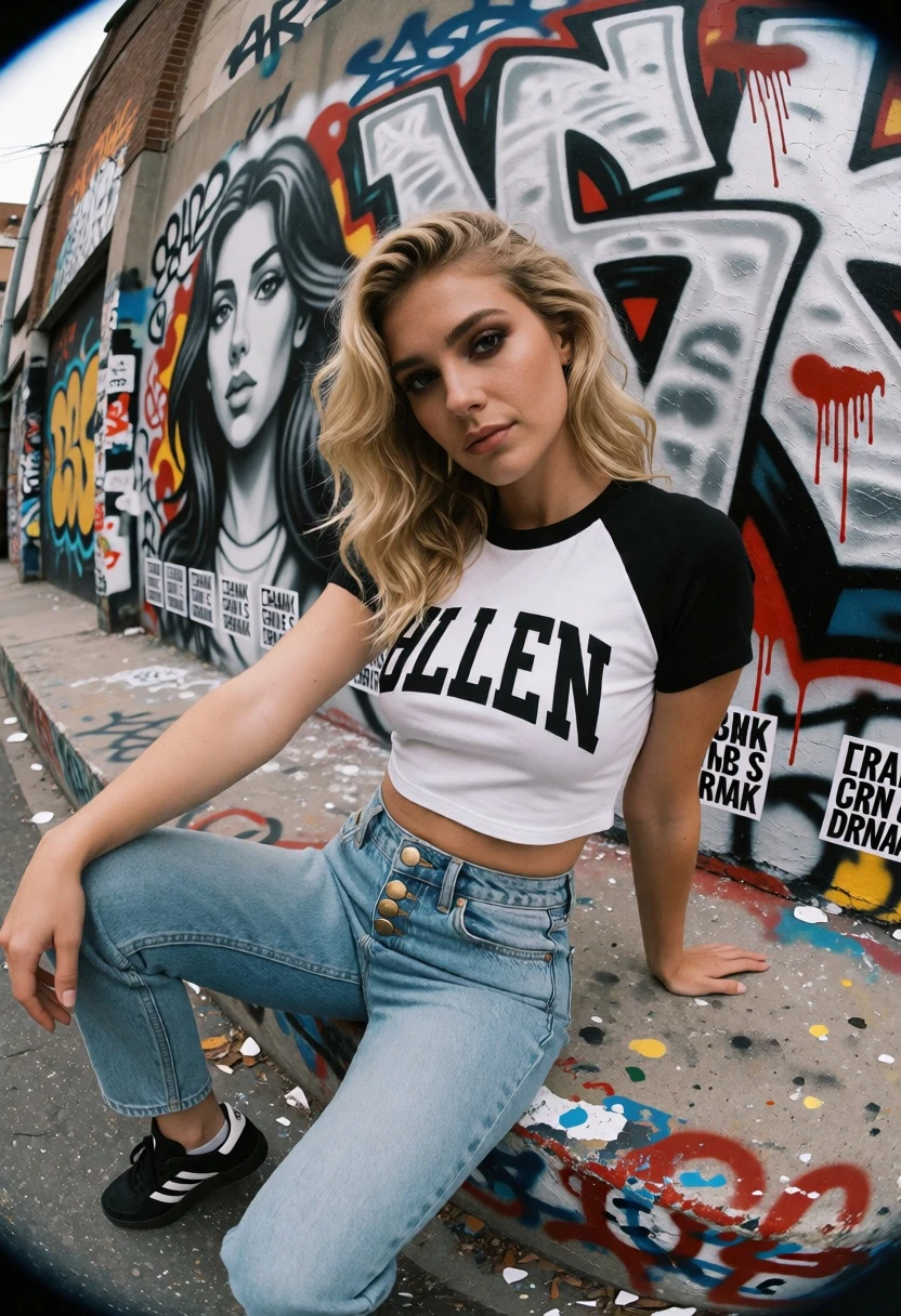 Blonde woman sitting in urban alleyway against vibrant graffiti wall - AI generated image prompt sample