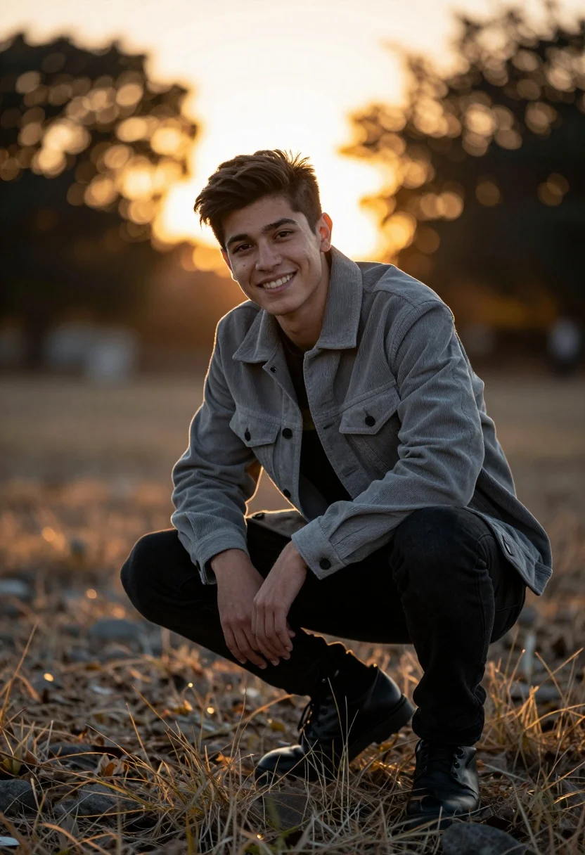 Young man crouching outdoors with golden sunset backlighting through trees - AI generated image prompt sample