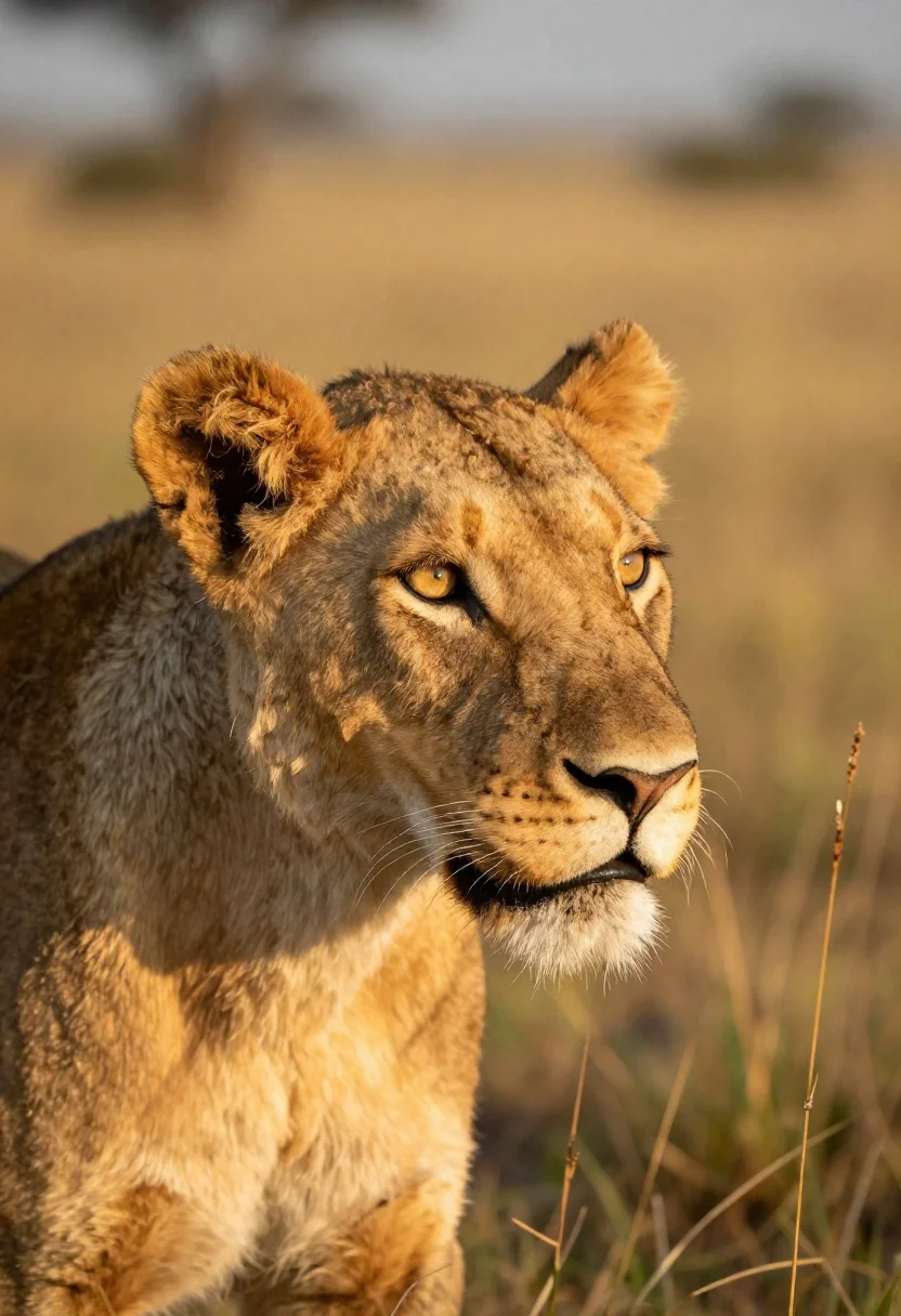Photorealistic portrait of lioness in savanna at golden hour - AI generated image prompt sample