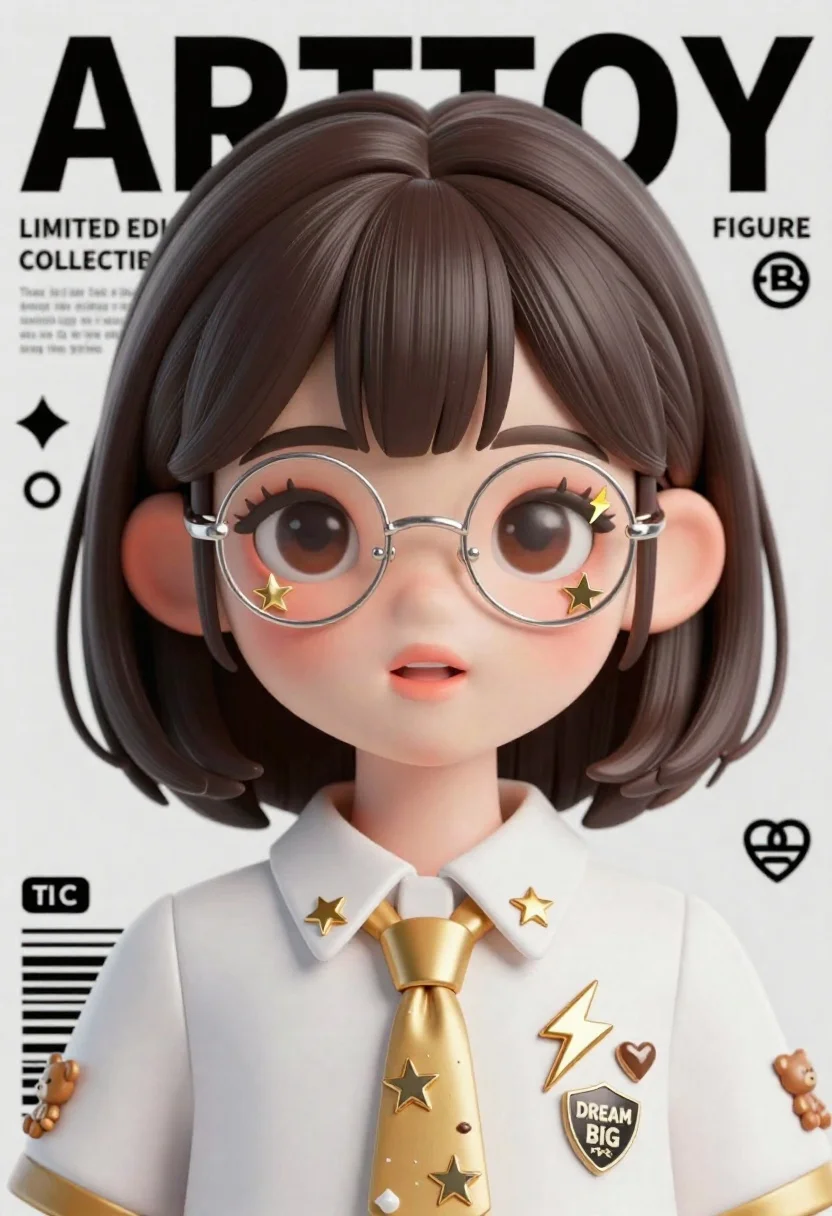 Anime girl portrait with glasses and gold spiked tie on magazine background - AI generated image prompt sample