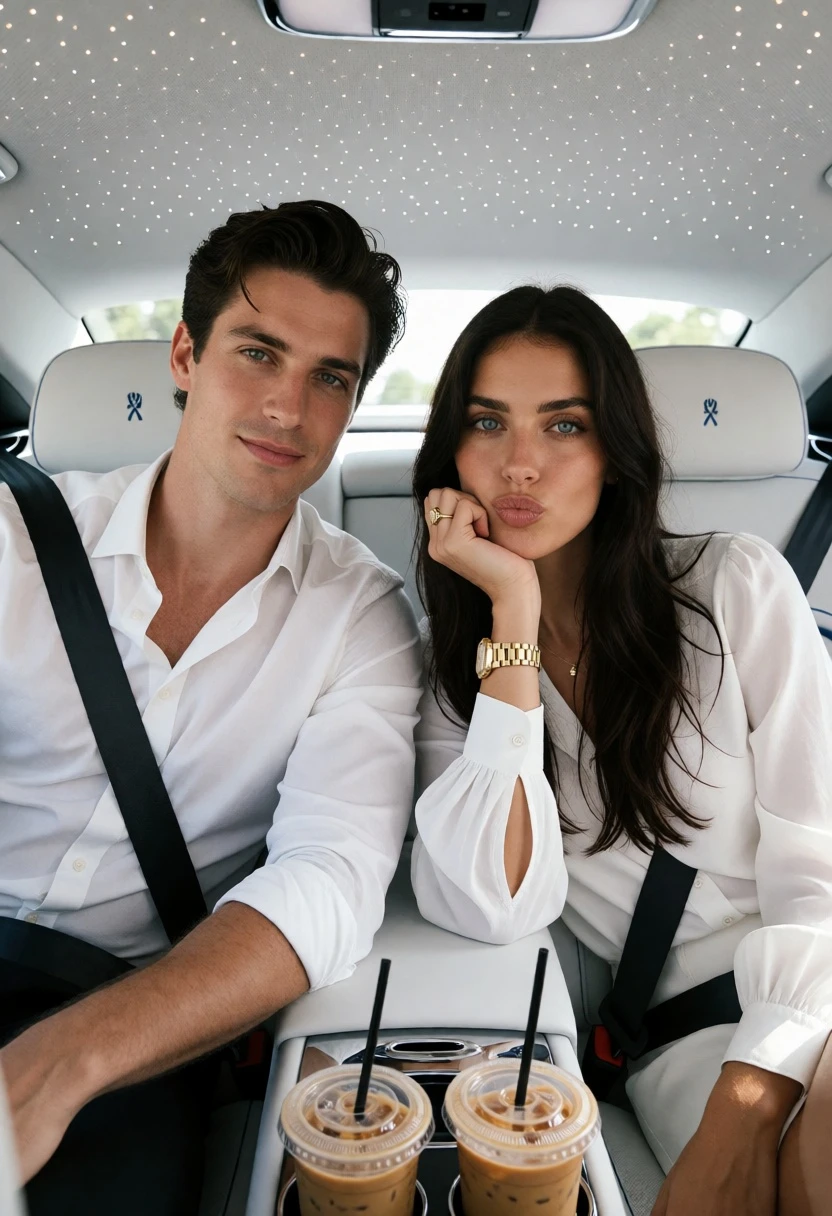 Man and woman in luxury car seats with white leather interior - AI generated image prompt sample