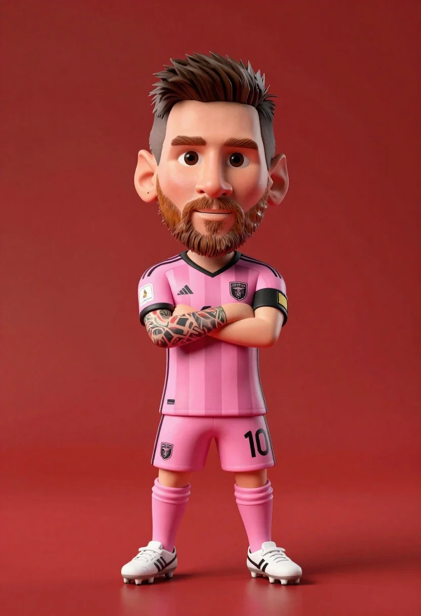 Stylized bobblehead soccer player with tattoos in pink jersey against red background - AI generated image prompt sample