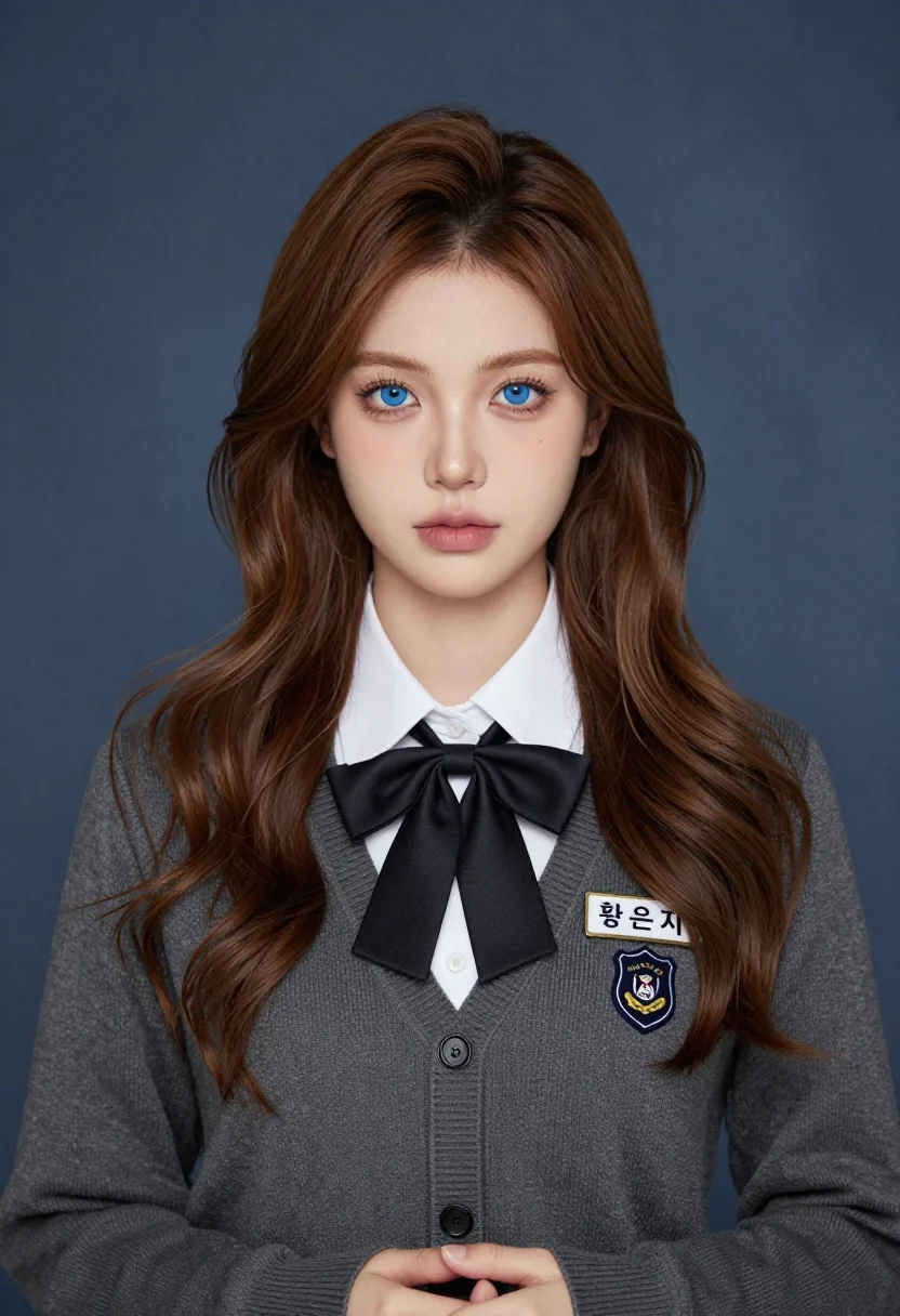 Medium close up portrait of young woman in cardigan against blue studio - AI generated image prompt sample