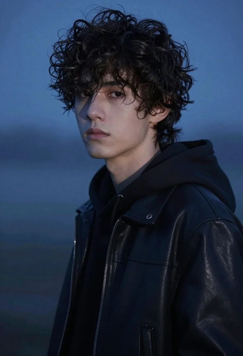 Cinematic portrait of young man in black jacket against blue mist - AI generated image prompt sample