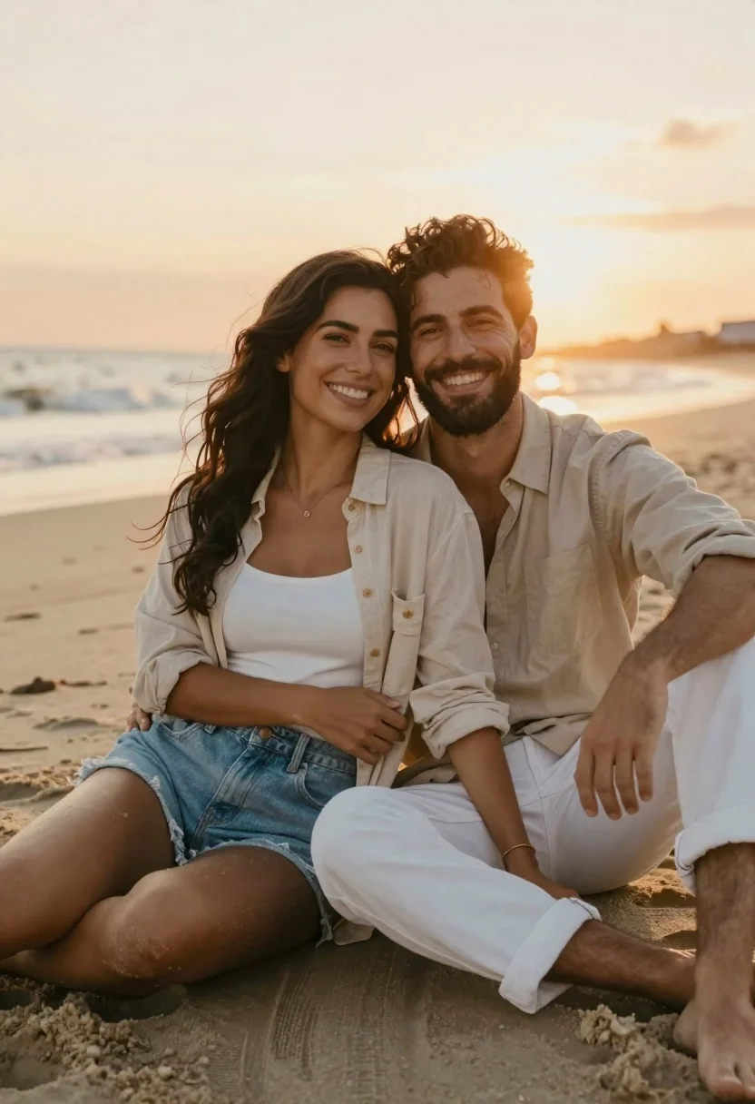 Smiling couple embracing on sandy beach during sunset at golden hour - AI generated image prompt sample