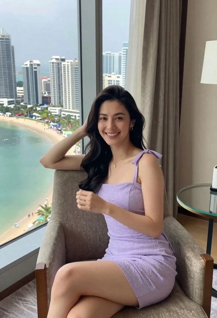 Young woman smiling in armchair overlooking coastal city skyline view