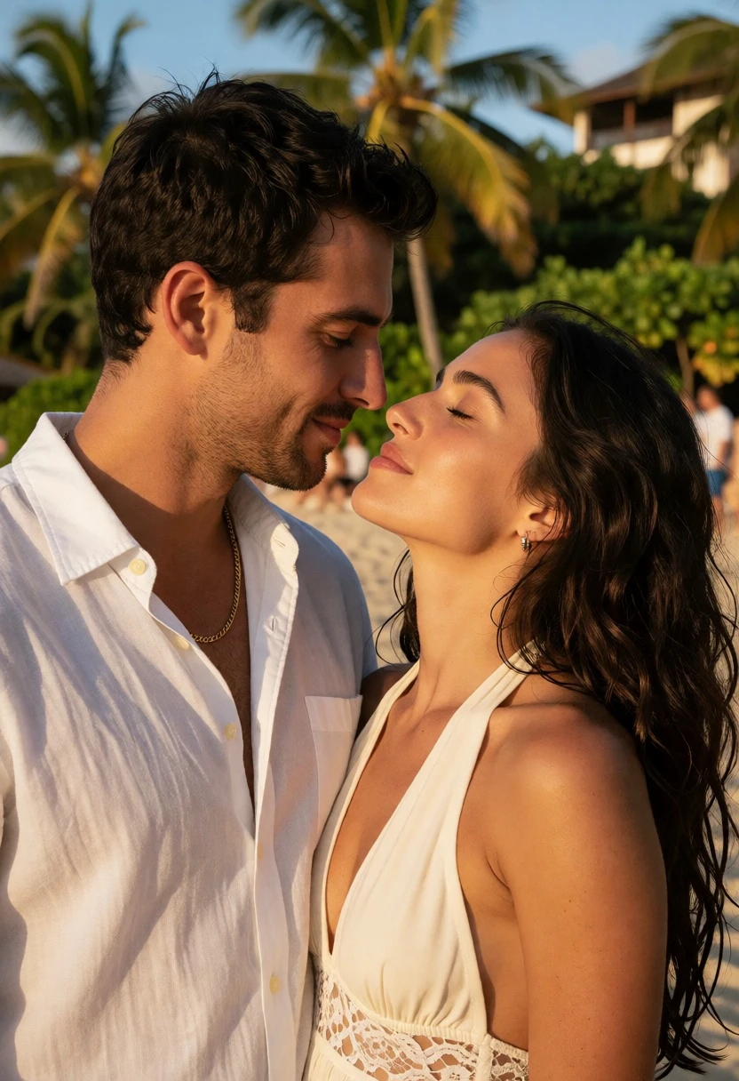 Intimate closeup portrait of couple embracing outdoors with tropical background - AI generated image prompt sample