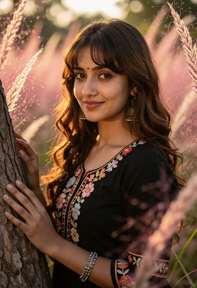 Young woman with brown hair by tree trunk in pink grassy field - AI generated image prompt sample
