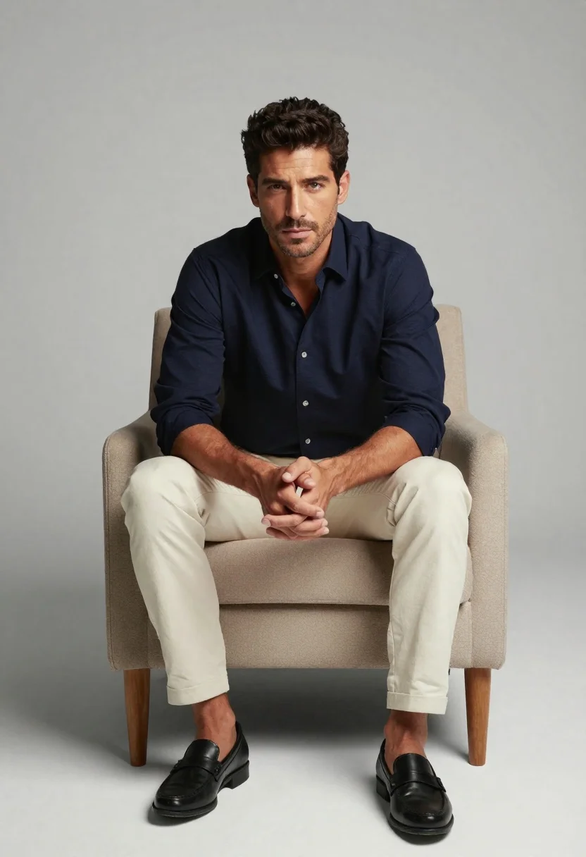 Mature man portrait sitting in beige armchair against gray background - AI generated image prompt sample