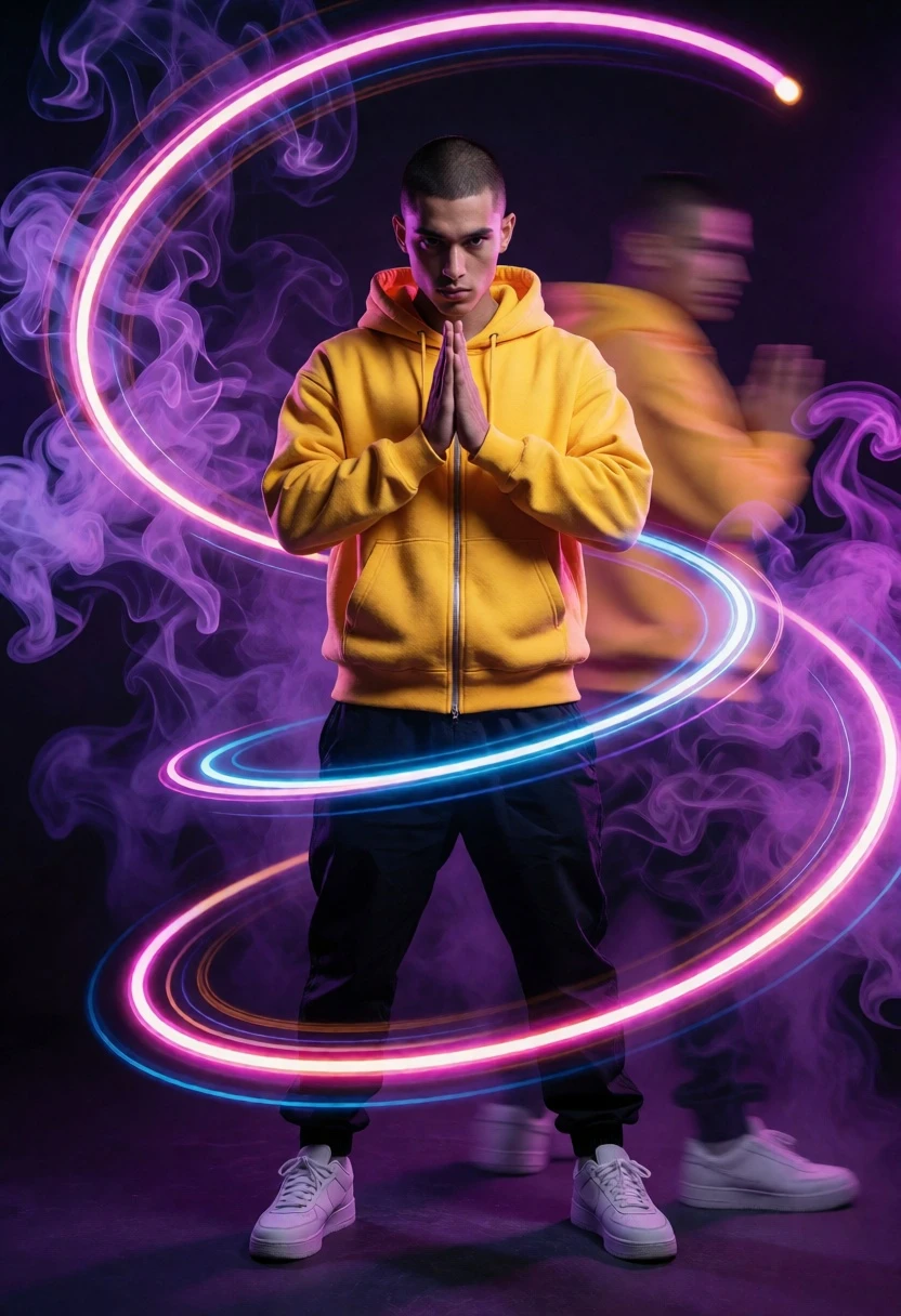 Young man in yellow hoodie amidst swirling neon light vortex studio setting - AI generated image prompt sample