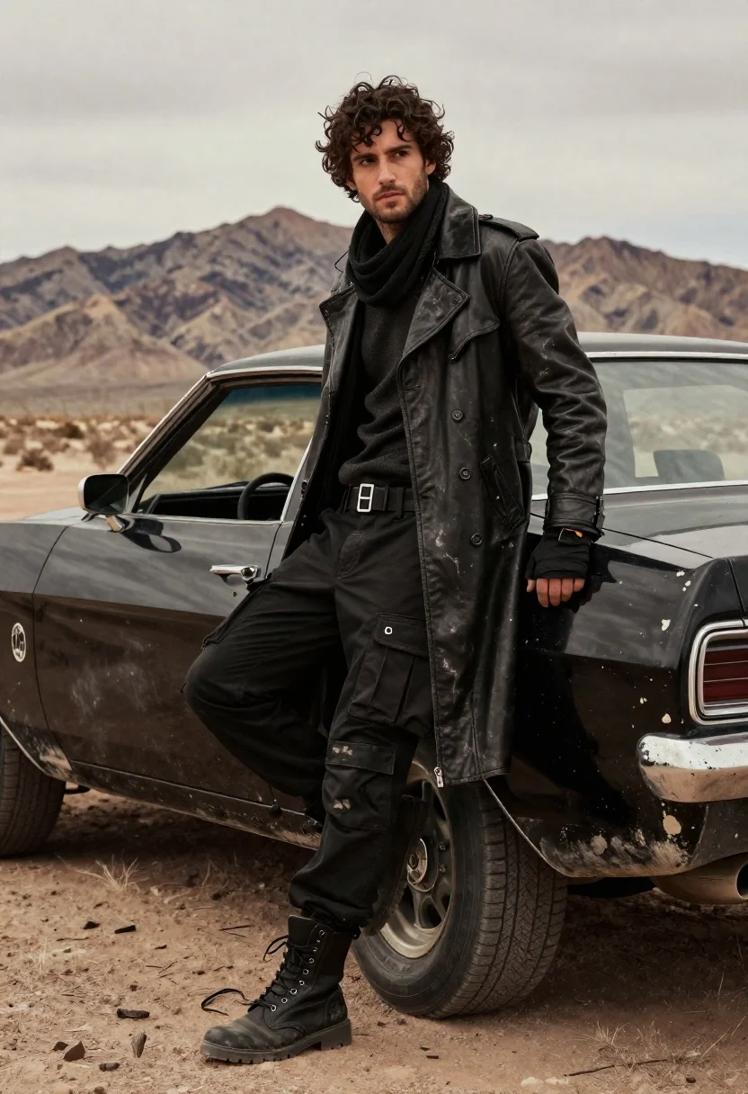 Rugged young man in black coat leaning on muscle car in desert - AI generated image prompt sample