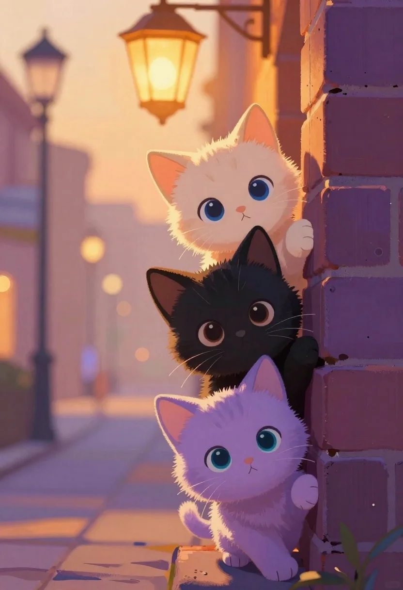 Three kittens peeking over a purple brick wall