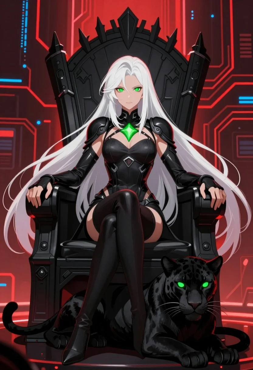 Regal woman in black bodysuit on throne with black panther in digital - AI generated image prompt sample