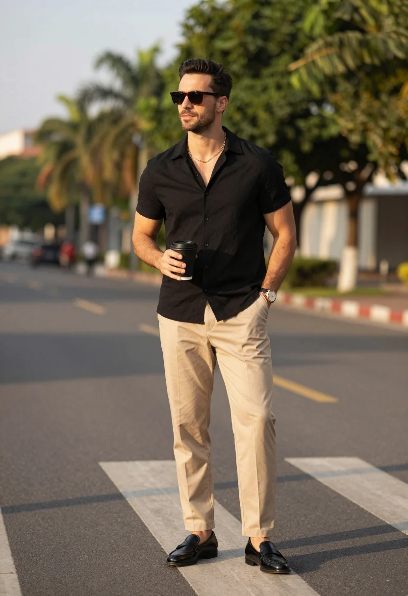 Stylish man standing on crosswalk with coffee cup on urban street - AI generated image prompt sample