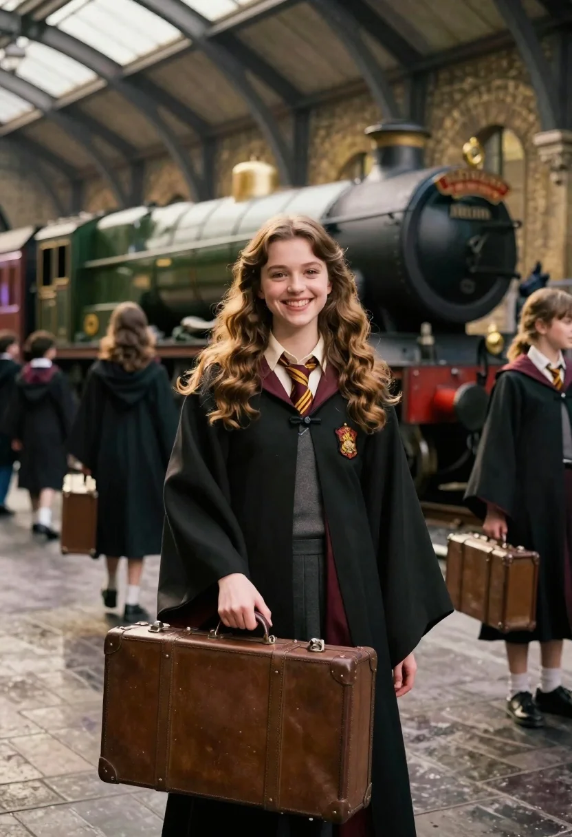 Young woman in wizard robe holding suitcase at grand train station - AI generated image prompt sample