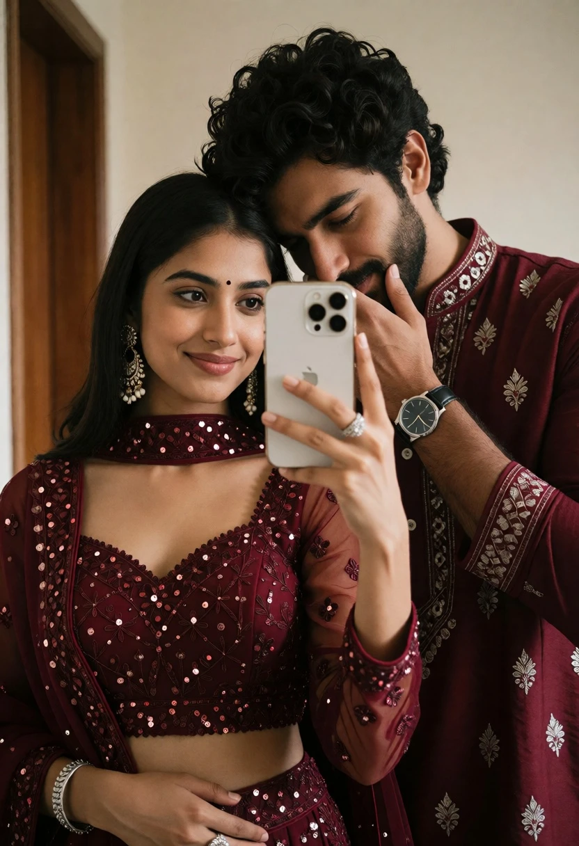 Couple taking a mirror selfie in matching maroon traditional indian attire - AI generated image prompt sample