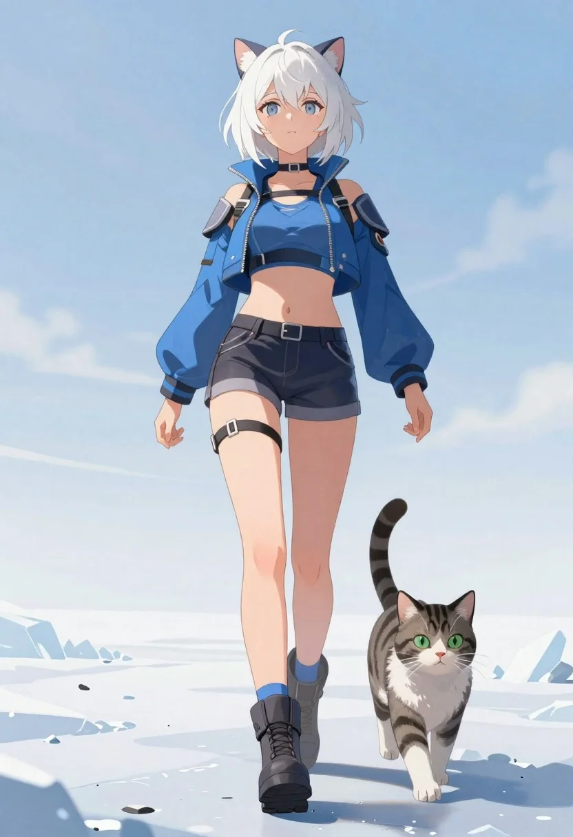 Anime woman with cat ears walking with striped tabby cat