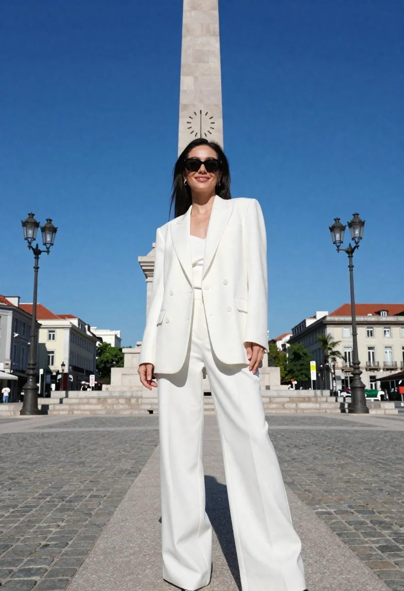 Stylish woman in white suit standing before large stone monument in city
