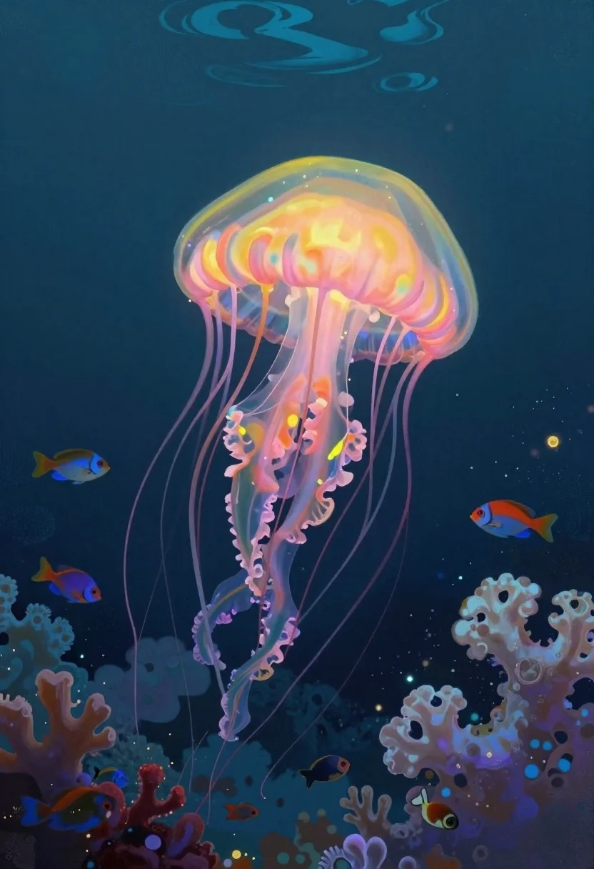 Bioluminescent jellyfish in deep sea cloud coral