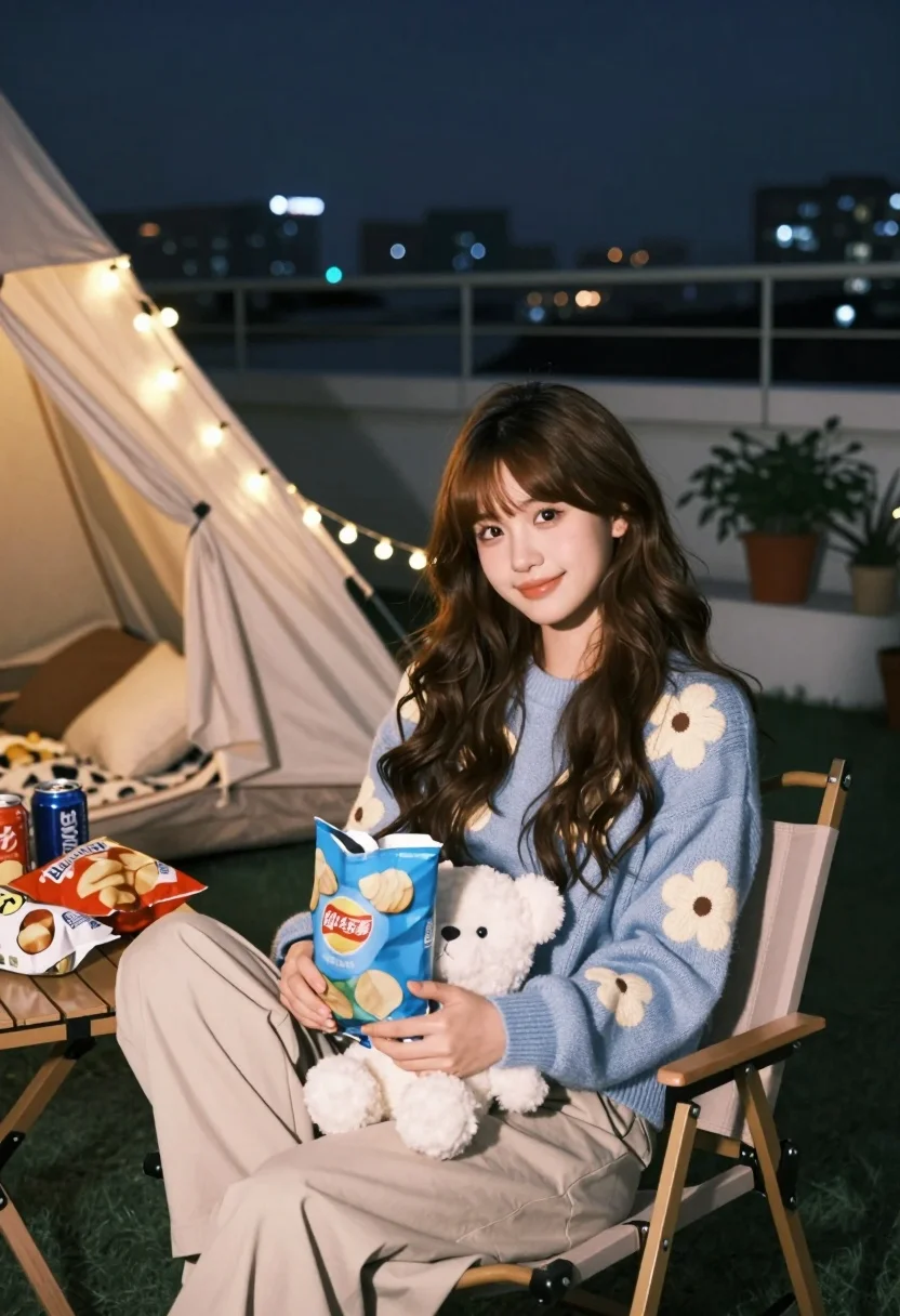 Young woman in blue sweater on rooftop terrace at night with snacks - AI generated image prompt sample