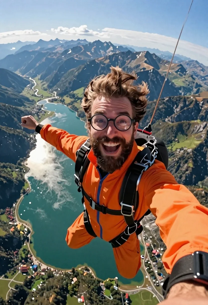 Joyful bearded man in orange jumpsuit taking a selfie while skydiving over - AI generated image prompt sample
