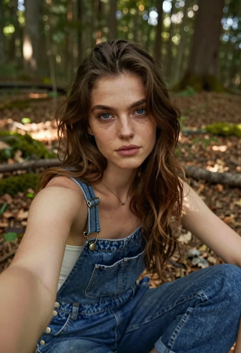 Young woman taking a selfie in the woods - AI generated image prompt sample