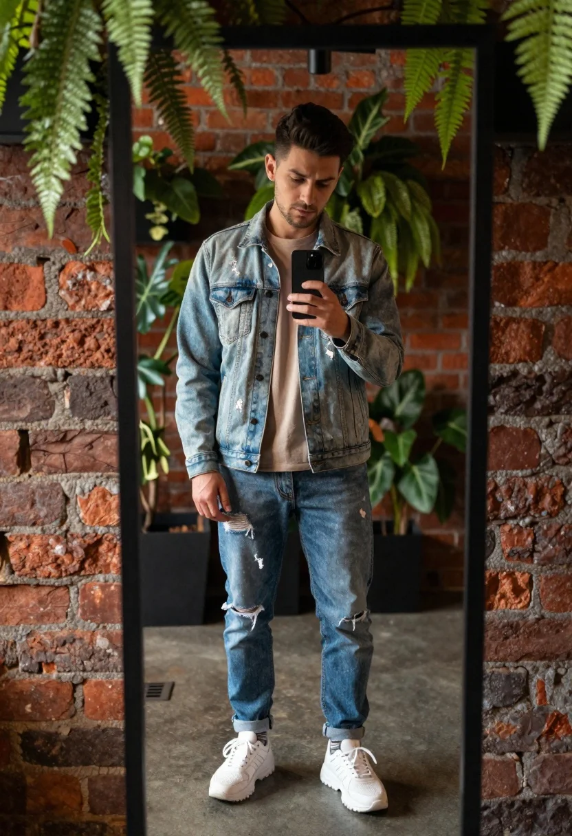 Young man taking mirror selfie in front of brick wall and plants - AI generated image prompt sample