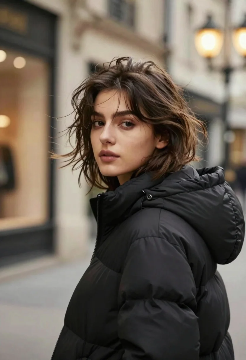 Young woman looking back on a blurred city street