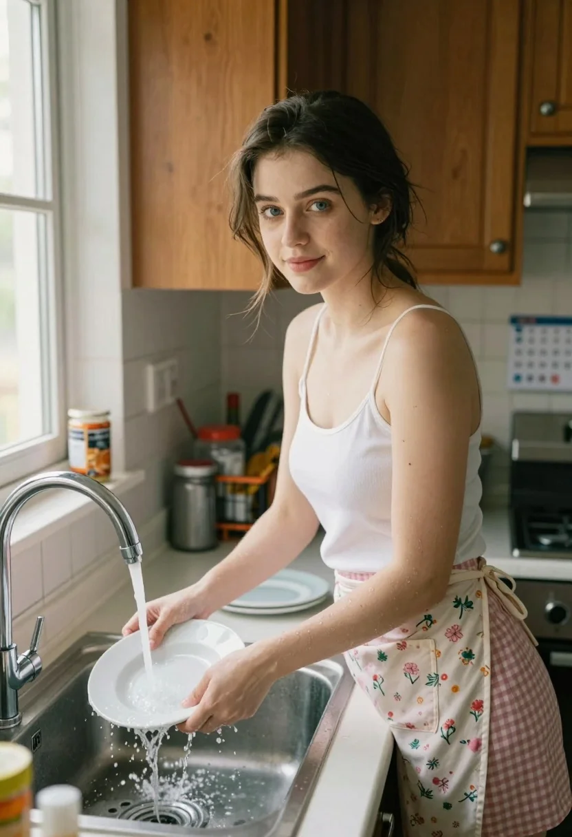 Young woman washing dishes in a bright kitchen setting with natural light - AI generated image prompt sample