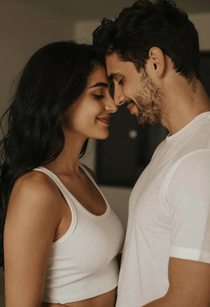 Romantic closeup of couple embracing face to face in dimly lit room - AI generated image prompt sample