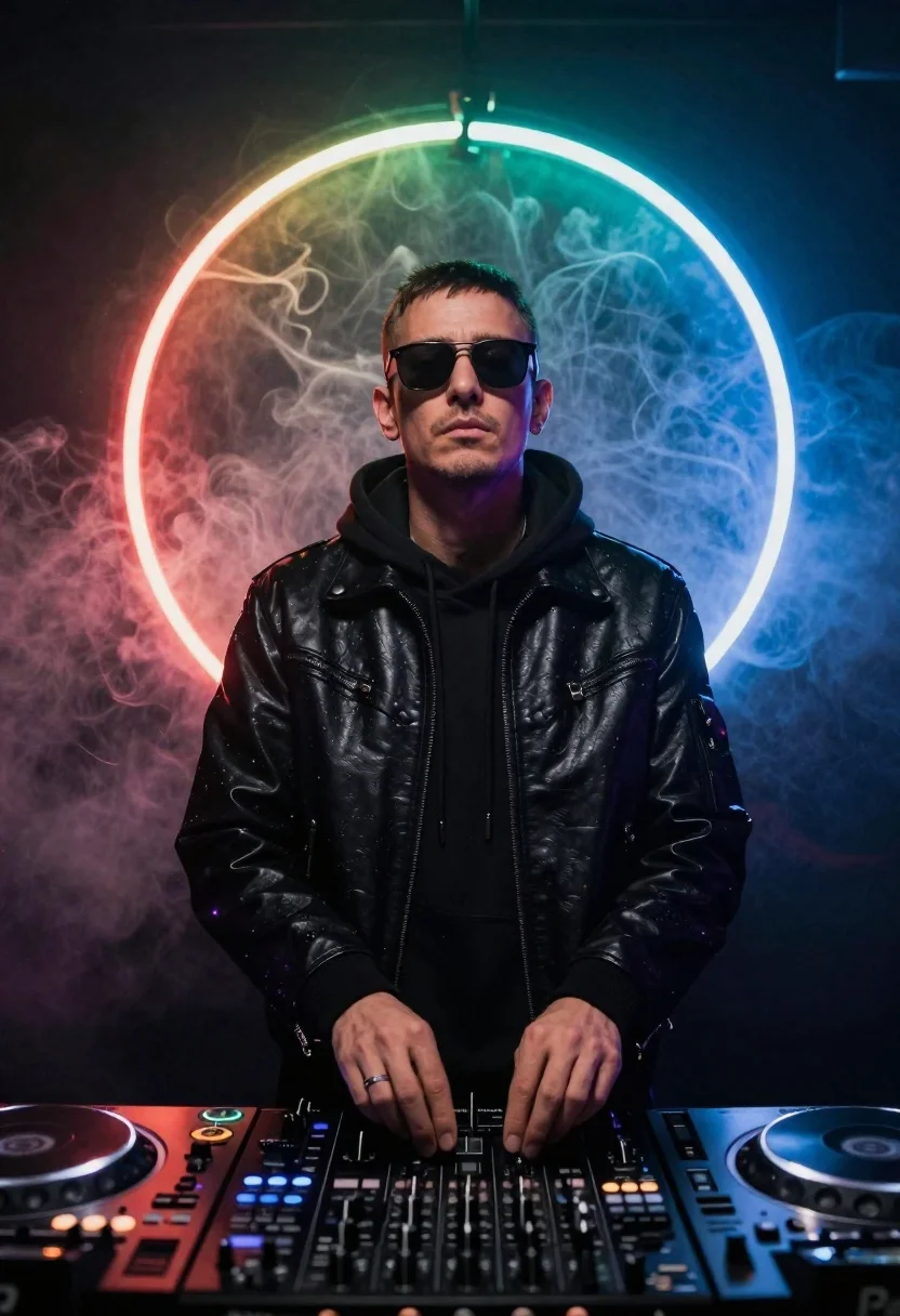 Male dj with sunglasses in dark nightclub setting