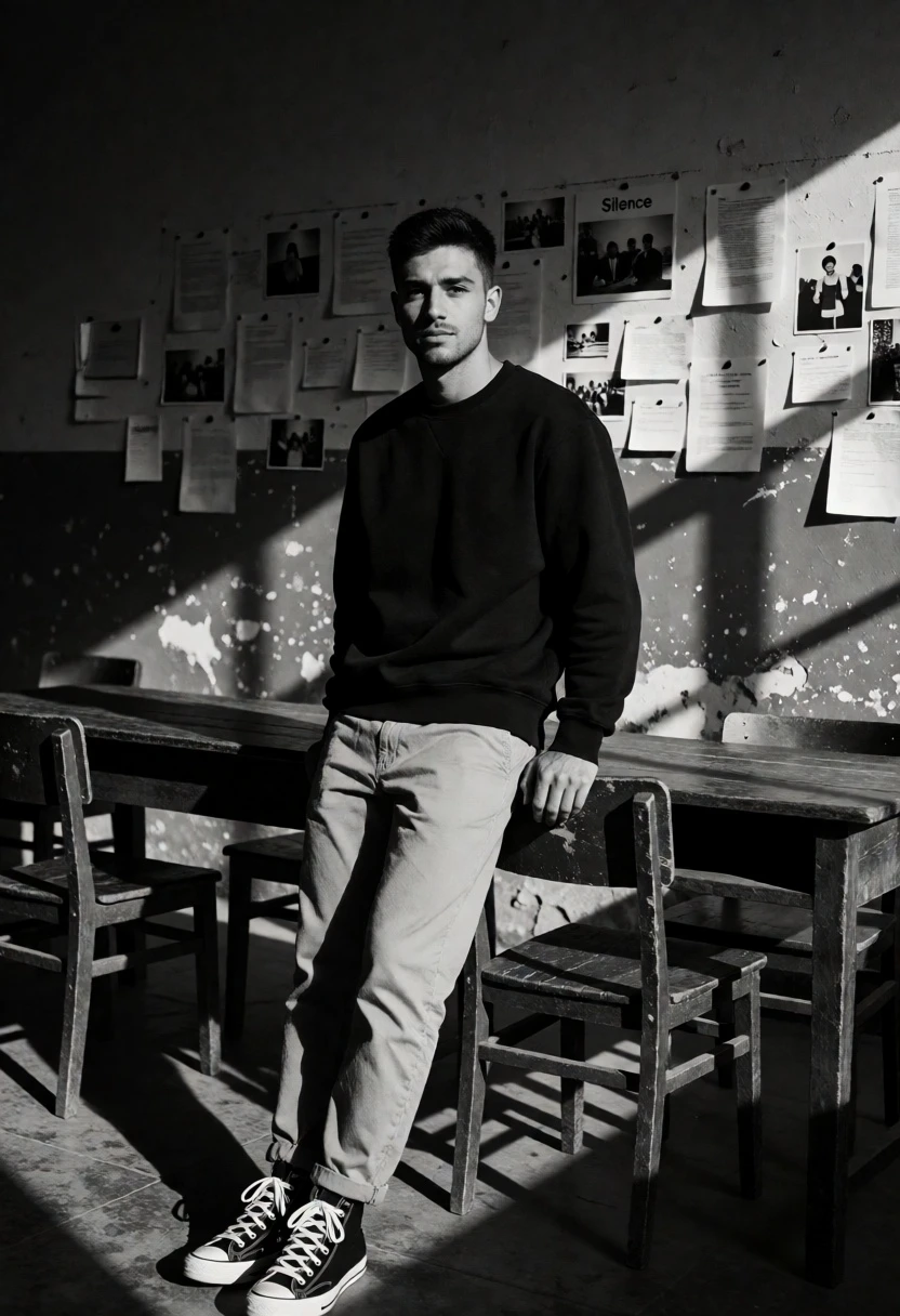 Black and white portrait of man leaning on wooden desk in dimly - AI generated image prompt sample