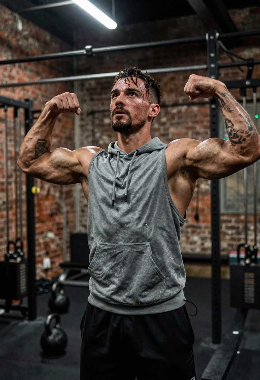 Determined male bodybuilder flexing biceps in gritty gym setting